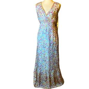 VERTIGO New  Short sleeve ruched waist tiered hemline light blue maxi dress